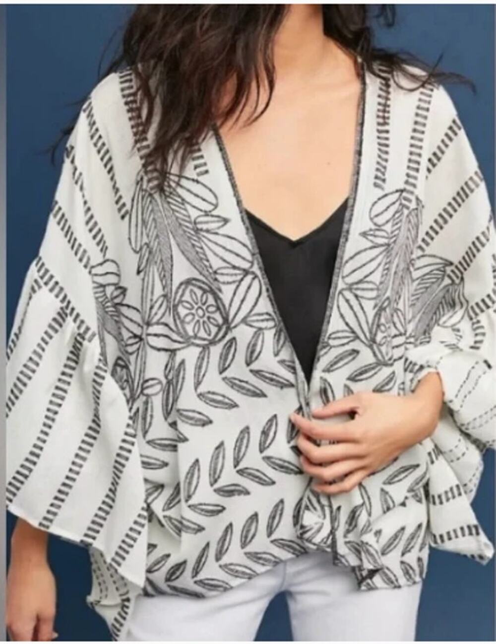 Akemi + Kim Anthropologie Black White Embroidered Kimono Shrug Cover Up OS